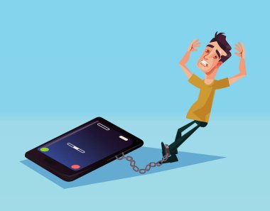 Cep telefonu bağımlılığı. Vektör karikatür çizim
