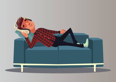 Mutlu çocuk karakter müzik dinleme gülümseyerek. Vektör karikatür çizim