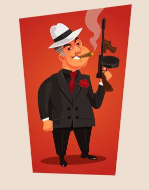 Silahlı mafya patronu karakter. Vektör karikatür çizim