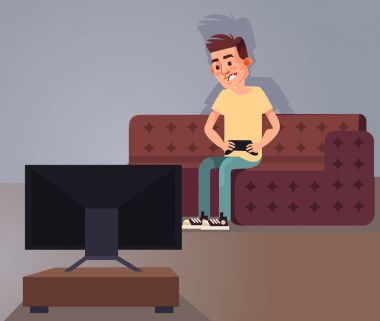 Adam karakteri bilgisayar oyunu oynamak. Vektör karikatür çizim