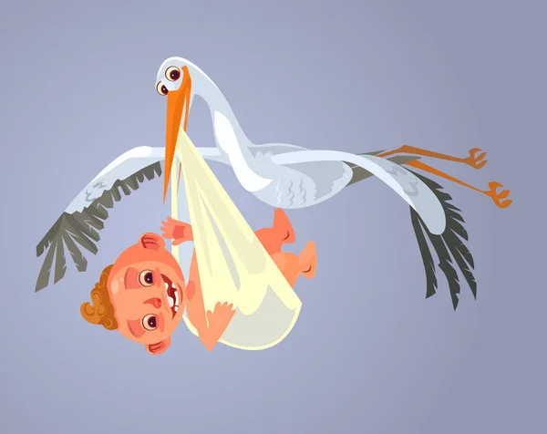 Cigogne Personnage Porter Bébé Illustration Vectorielle Dessin Animé — Image vectorielle