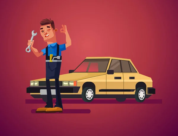 Auto Reparatie Man Karakter Vectorillustratie Cartoon — Stockvector