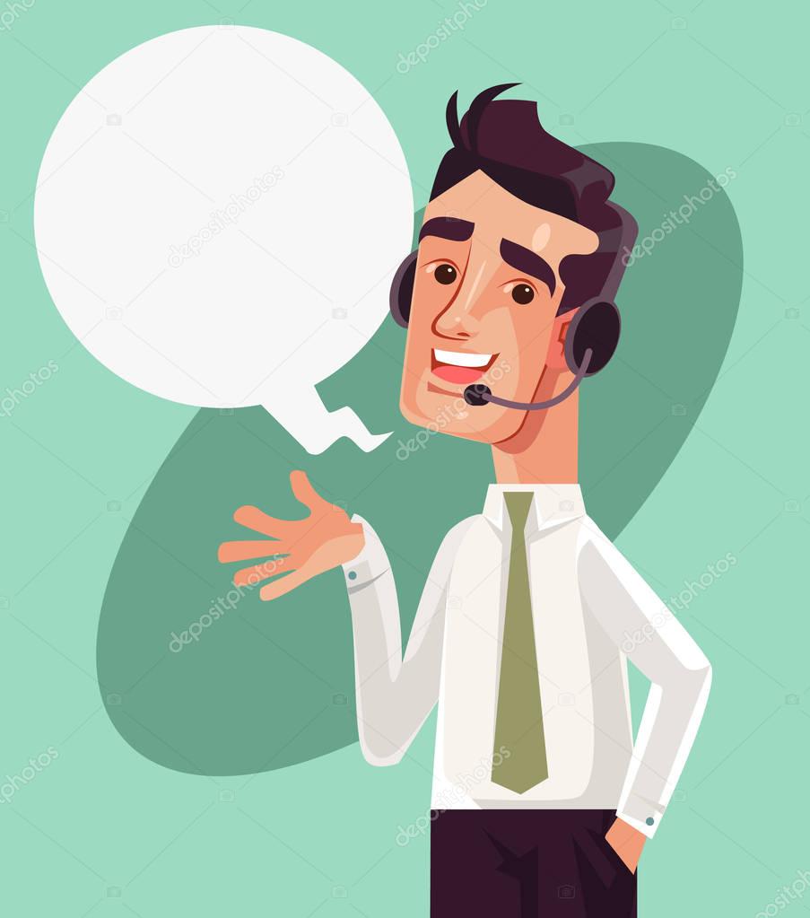 Happy smiling call center operator character. Vector cartoon illustration