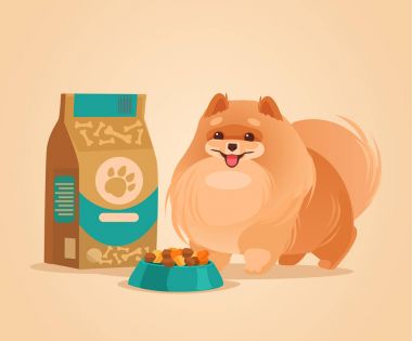 Mutlu yemek için bekleyen pomeranian spitz köpek karakteri gülümseyerek. Vektör düz çizgi film illüstrasyon