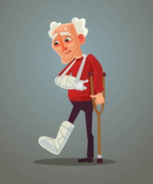 Üzgün yaşlı adam bacağını kırdı. Vektör düz çizgi film illüstrasyon