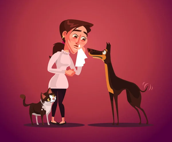 Las Mujeres Tienen Alergia Animal Vector Plano Ilustración Dibujos Animados — Vector de stock