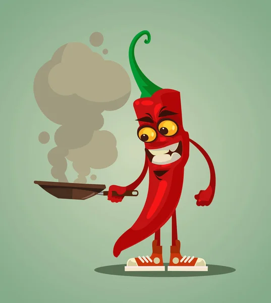 Feliz Chilli Sorrindo Pimenta Fritando Ilustração Desenho Animado Plano Vetorial — Vetor de Stock