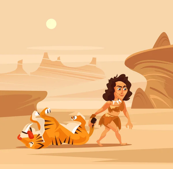 Ancient Woman Character Hunter Dragging Prey Vector Flat Cartoon Illustration — Stock Vector