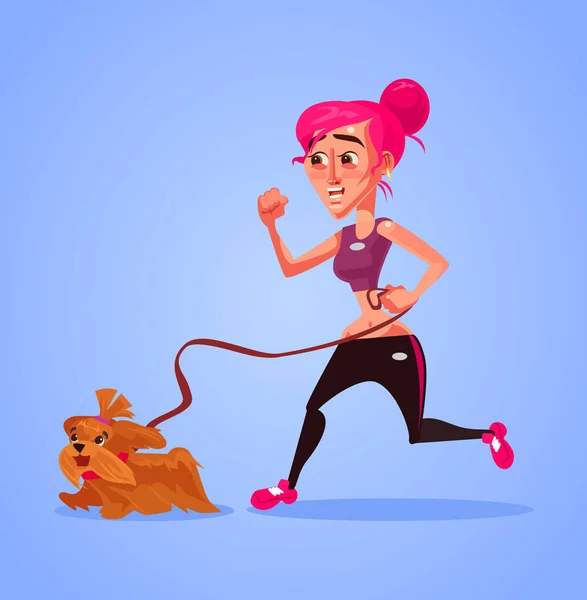 Personagem Mulher Correr Com Cão Ilustração Desenho Animado Plano Vetorial —  Vetores de Stock