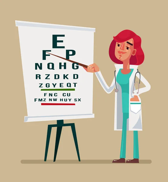 Γυναίκα Ιατρός Οφθαλμίατρος Χαρακτήρα Κάνοντας Τεστ Καρτούν Εικονογράφηση Φορέα — Διανυσματικό Αρχείο