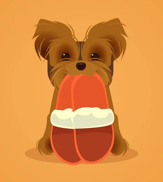 Kleine Hond Teken Brengen Slippers Vectorillustratie Platte Cartoon — Stockvector