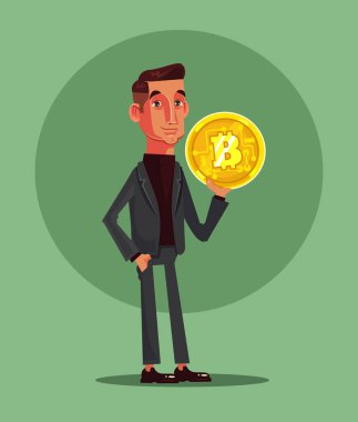 Mutlu gülümseyen adam karakter bitcoin tutun. Vektör düz çizgi film illüstrasyon
