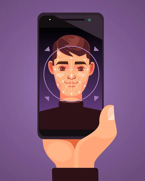 Facial Recognition Smart Phone Vector Flat Cartoon Illustration — Stock Vector