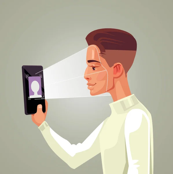 Facial Recognitie Slimme Telefoon Concept Man Teken Houd Gadget Vectorillustratie — Stockvector