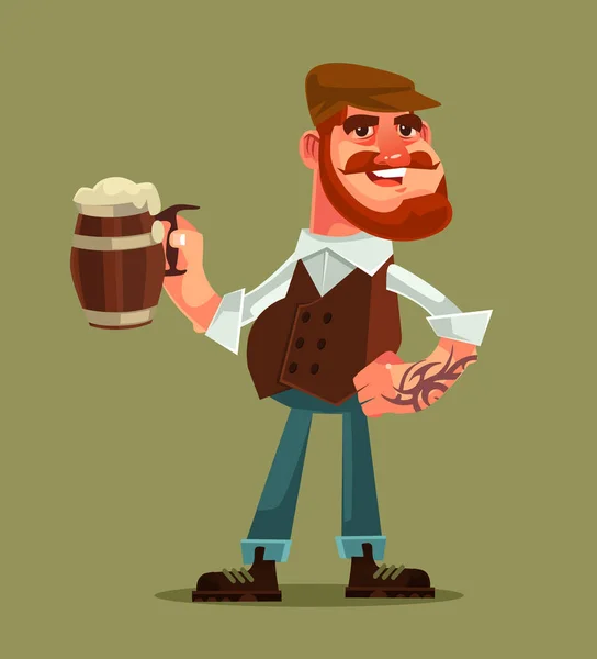 Gelukkig Glimlachende Man Karakter Houden Mok Bier Vectorillustratie Platte Cartoon — Stockvector