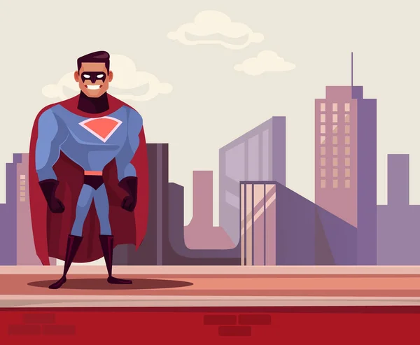 Супергерой Стоит Крыше Векторная Плоская Иллюстрация — стоковый вектор