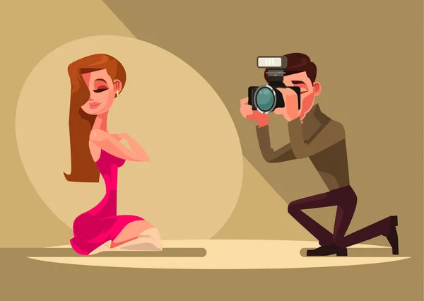 カメラマンの男性キャラクターは モデルの女性の写真を取る ベクトル フラット漫画イラスト — ストックベクタ