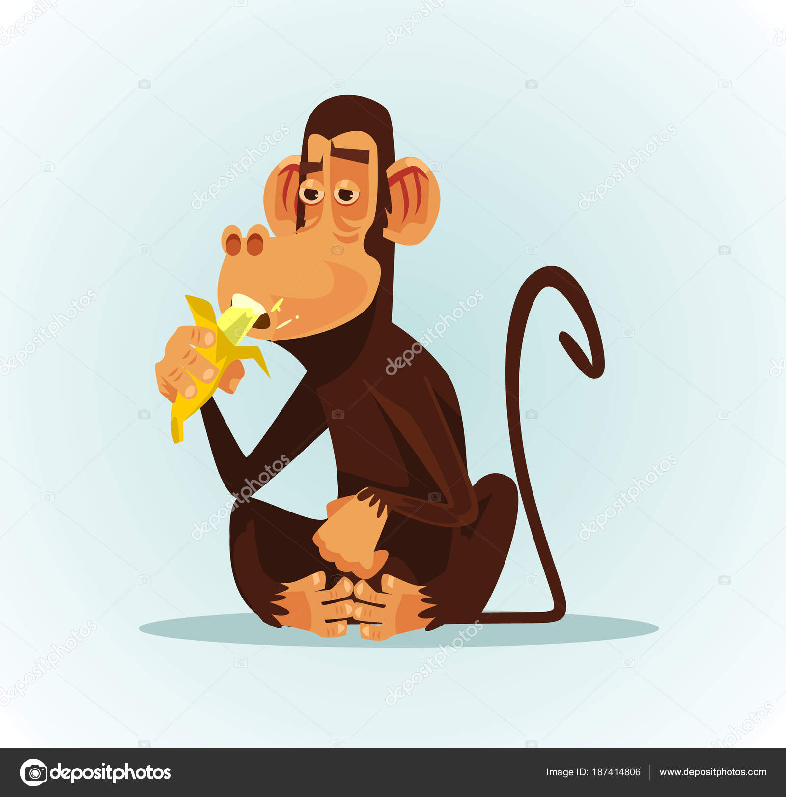 Macaco bonito dos desenhos animados comendo banana