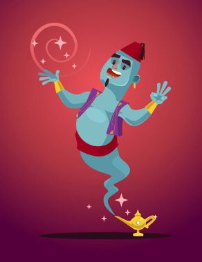 Happy smiling Genie man mascot character from magic lamp. Vector flat cartoon illustration clipart