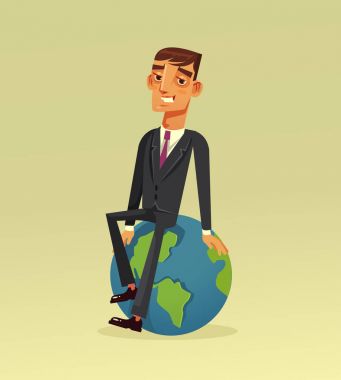 Mutlu başarılı iş adamı office işçisi karakter Dünya gezegeni üzerinde oturan gülümsüyor. Vektör düz çizgi film illüstrasyon