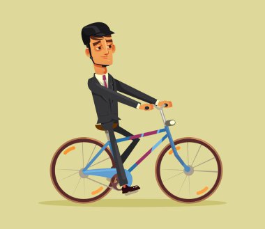 Mutlu gülümseyen adam ofis çalışanı işe bisikletle gidiyor. Vektör düz çizgi film illüstrasyon