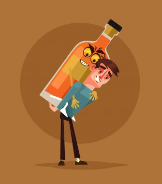 Sarhoş alkollü adam karakter alkol şişesi taşımak. Alkolizm kavramı. Vektör karikatür çizim