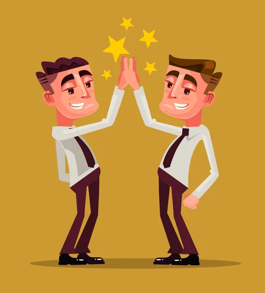 Zwei Glücklich Lächelnde Büroangestellte Hoch Fünf Teamwork Vektor Flache Cartoon — Stockvektor