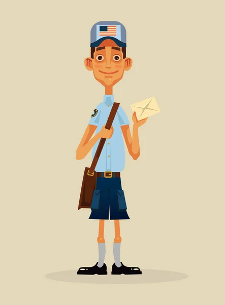 Happy Smiling Postman Character Holding Envelope Vector Flat Cartoon Illustration — Stock Vector