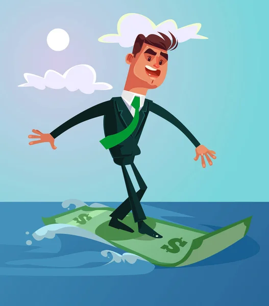 Szczęśliwy Uśmiechający Się Udane Surfer Urzędu Pracownik Biznesmen Jazdy Dolar — Wektor stockowy