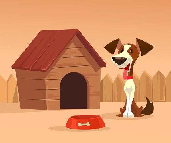 Glücklich Lächelnder Hundecharakter Bewacht Haus Vektor Cartoon Illustration — Stockvektor