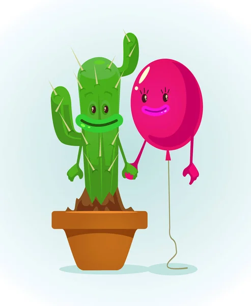 Globo Cactus Personajes Mejores Amigos Vector Plano Ilustración Dibujos Animados — Archivo Imágenes Vectoriales