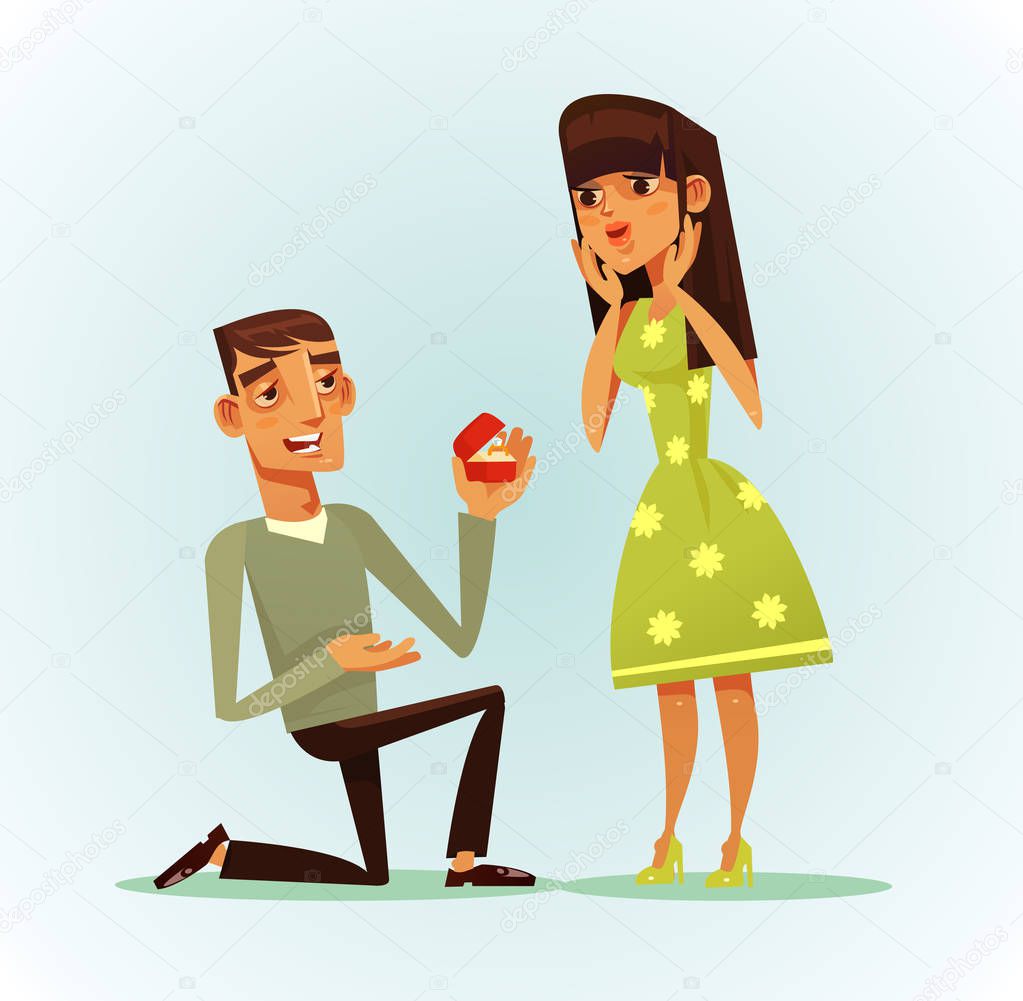 Happy smiling man character proposing woman to be his wife. You will marry me concept. Vector flat cartoon illustration