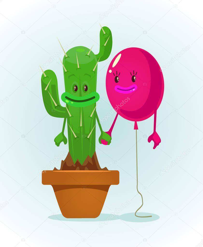 Balloon and cactus characters best friends. Vector flat cartoon illustration