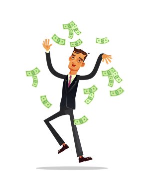 Mutlu gülümseyen zengin başarılı iş adamı office çalışan kazanan girişimci para yağmur üzerinde duran karakter ve banknot hava atmak. Mali şans başarı servet kavramı. Vektör düz çizgi film illüstrasyon