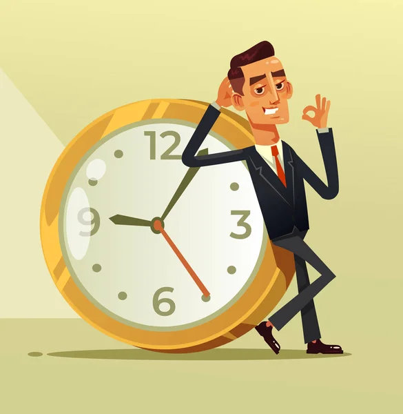 Happy Calm Businessman Office Worker Character Sitting Big Clock Showing — Stock Vector