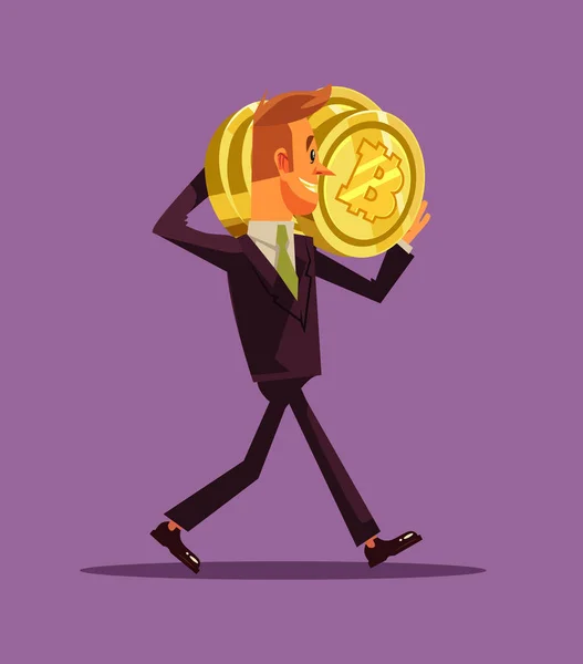 Happy Smiling Successful Businessman Office Worker Miner Character Carrying Bitcoins — Stock Vector