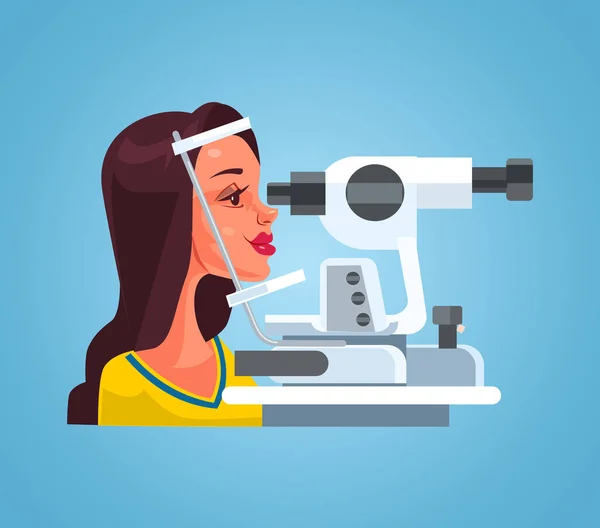 Kvinna Kontrollera Syn Med Särskild Medicinsk Utrustning Ögonläkare Oculist Kontor — Stock vektor