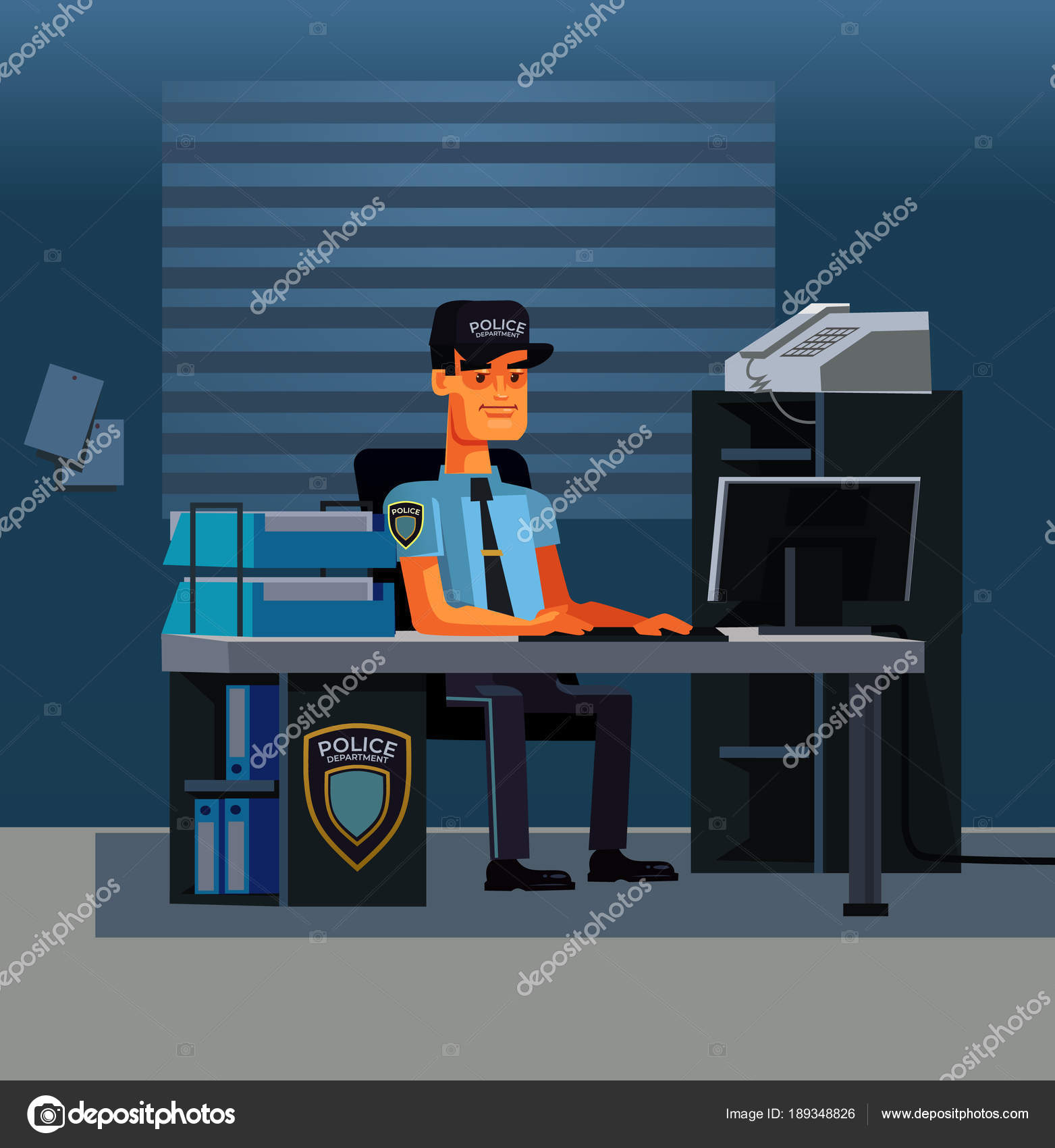 警察部門内のコンピューターの思考警察官探偵文字労働者 犯罪調査の概念 ベクトル フラット漫画イラスト ストックベクター C Prettyvectors