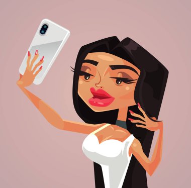 Karikatür kadın karakter selfie ek fotoğraf smartphone yapma. Vektör düz çizgi film illüstrasyon