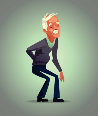 İhtiyar Dede karakter sırt ağrısı var. Osteoporoz emeklilik acı kavramı. Vektör düz çizgi film illüstrasyon