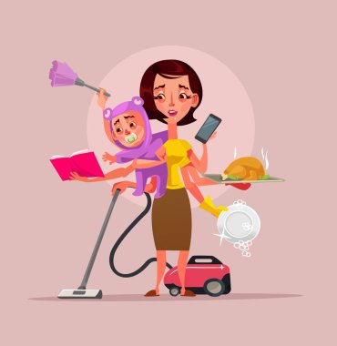 Bebek telefon yemek holding ve ev konular temizlik Multitasking süper anne karakteri. Vektör düz çizgi film illüstrasyon