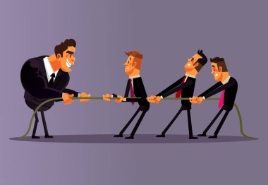 Ofis çalışanları erkek karakter rekabet ve birlikte ip çekerek insanlar. Ekip çalışması rekabet iş savaş muhalefet. Eşitsiz mücadele mücadele kavramı. Vektör düz çizgi film illüstrasyon