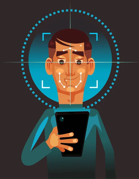 Personaggio Dell Uomo Utente Con Smart Phone Faccia Scansione Tecnologia — Vettoriale Stock