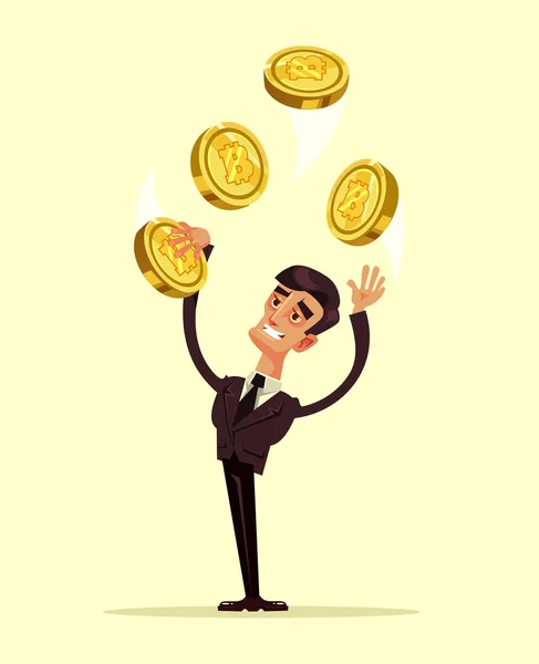 Heureux Homme Affaires Souriant Caractère Jongle Bitcoins Crypto Monnaie Électronique — Image vectorielle