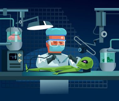 Bilim adamı doktor adam karakter olduğu inceliyor yabancı tablo ceset ceset üzerinde Ufo yalan ve iç organlarda cerrahi işlem yapma. Bilimsel testler ve deneyler. Vektör düz çizgi film illüstrasyon