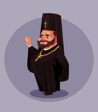 Eski sakal Ortodoks rahip papaz Papa Piskopos gülümseyen siyah elbise tek tip takım elbise giymiş. Din kavramı. Vektör düz izole illüstrasyon karikatür