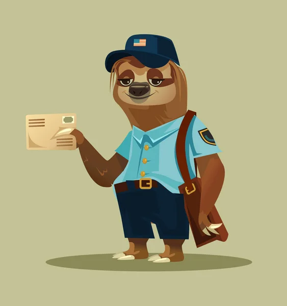 Gelukkig Lachend Lui Luiaard Postbode Dierlijke Mascotte Postbode Courier Teken — Stockvector