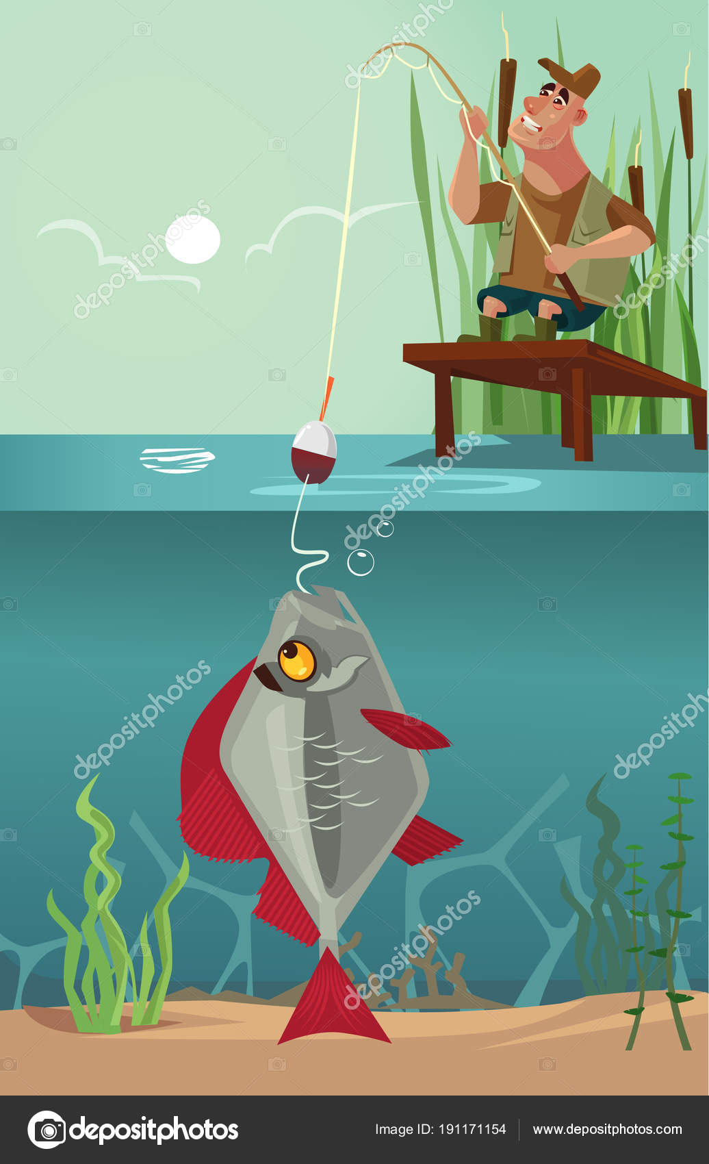 Happy Smiling Sitting Fisherman Character Pull Big Huge Enormous Fish Stock  Vector by ©prettyvectors 191171154
