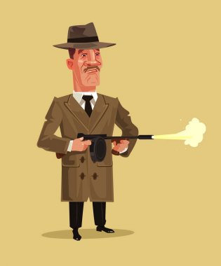Eski okul retro gangster maskot karakter silah silah. Suç getto Savaşı ateş düşük kavramı kırma. Vektör düz çizgi film izole grafik tasarım çizim