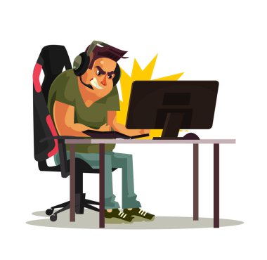 Kızgın kızgın oyun çağrı merkezi operatörü Yöneticisi office işçisi karakter oyun ve vurmak yumruk bilgisayar pc klavye kaybetmek. Cyber internet virüs ddos hata kavramı başarısız. Vektör düz çizgi film grafik tasarım çizim
